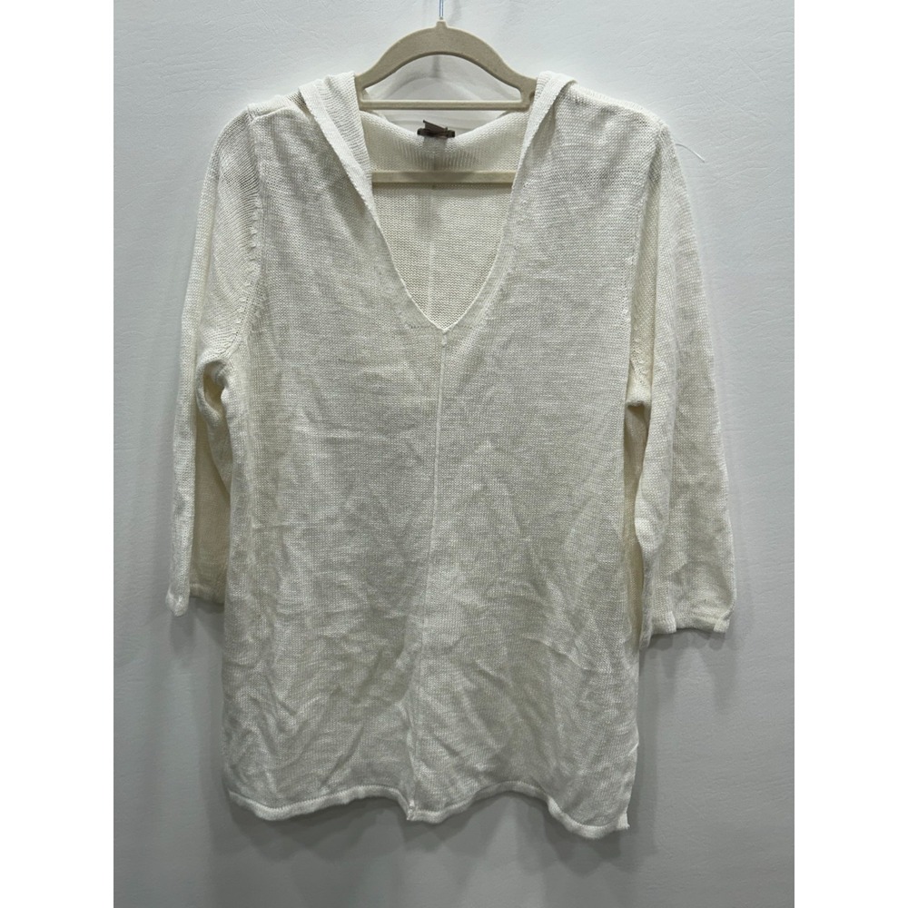 Chico's Hooded Knit Tunic Sweater Womens Large Ivory Lightweight Boho Lagenlook